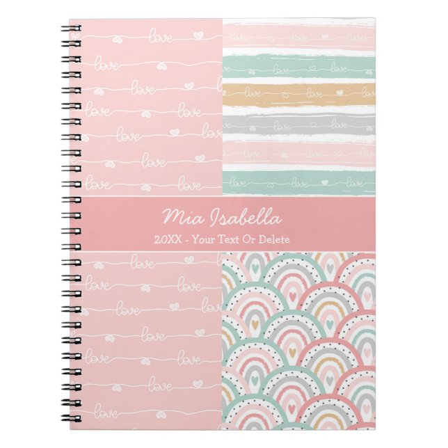 Caderno Espiral Patchwork Love Hearts Rainbow - Notebook Pastel (Frente)