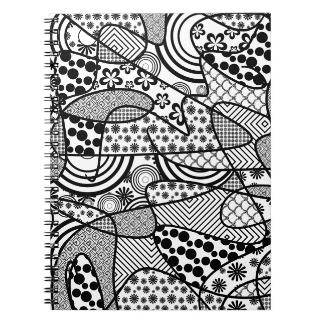 Caderno Espiral Patchwork Preto e Branco de Padrões 02 (Frente)