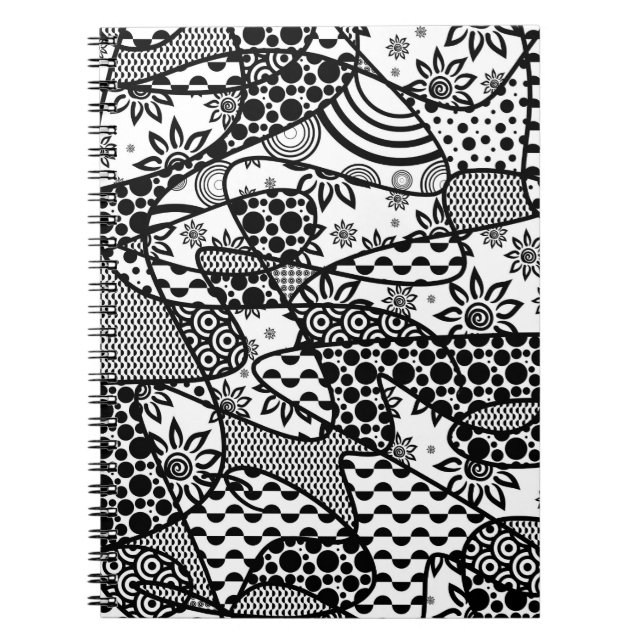 Caderno Espiral Patchwork Preto e Branco Padrão 03 (Frente)