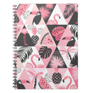 Caderno Espiral Patchwork Tropical: Flamingo Watermelon Seamless.
