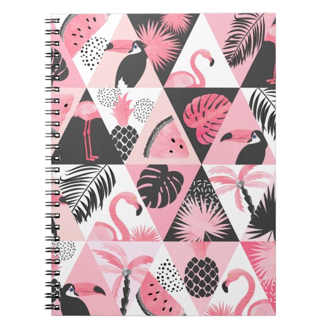 Caderno Espiral Patchwork Tropical: Flamingo Watermelon Seamless. (Frente)
