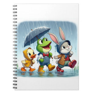 Caderno Espiral Pato bonito, sapo, coelho na chuva
