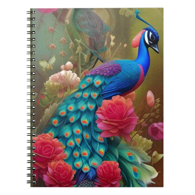 Caderno Espiral Pavão Azul no Jardim de Rosas Rosa  (Frente)