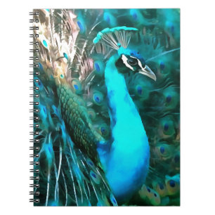Caderno Espiral Pavão Azul Vibrante Dentro Com Cauda Vibrada