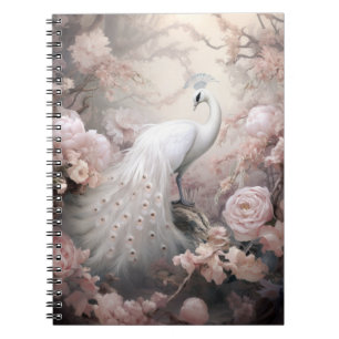 Caderno Espiral Pavão branco romântico e flores cor-de-rosa esmaga