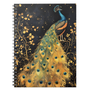 Caderno Espiral pavão com plumagem vibrante azul e dourada