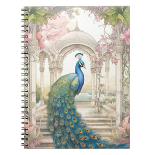 Caderno Espiral Pavão de jardim floral em estilo indiano vintage