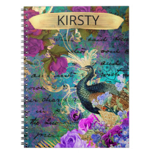 Caderno Espiral Pavão e Flores Ilustrados Antigos com Efeito Grung