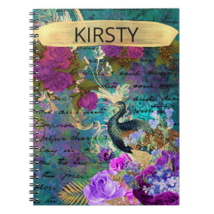 Caderno Espiral Pavão e Flores Ilustrados Antigos Grunge