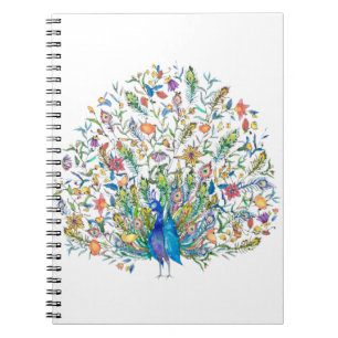 Caderno Espiral Pavão floral aquarela