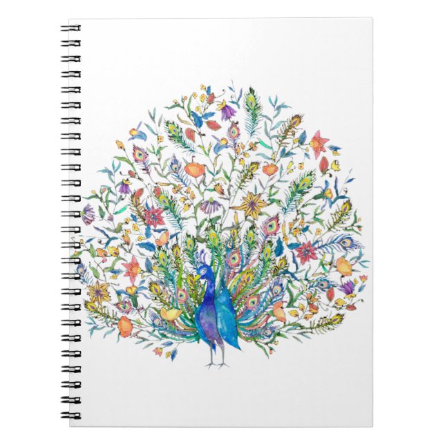 Caderno Espiral Pavão floral de aquarela (Frente)
