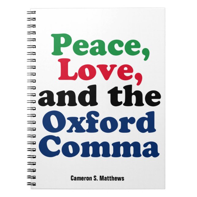 Caderno Espiral Peace Love Oxford Comma Engraçado Gramática Person (Frente)