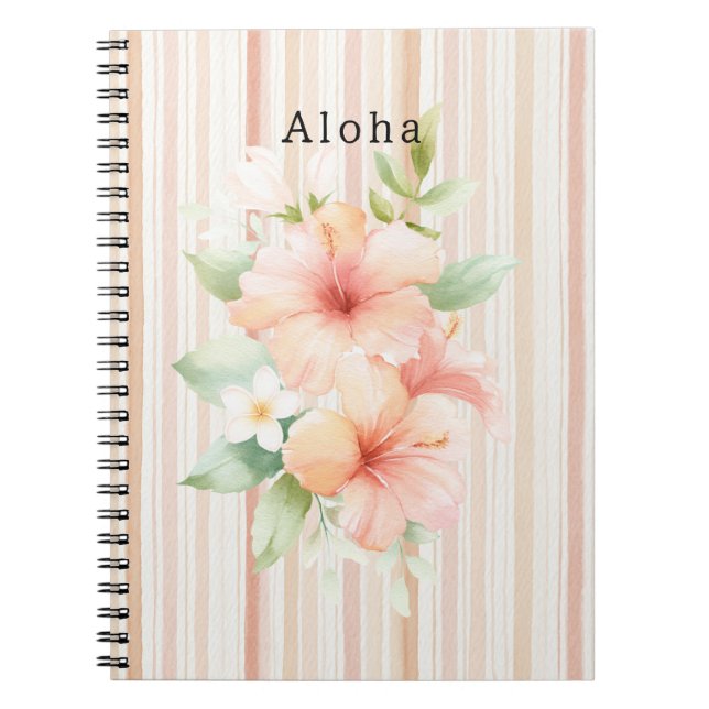 Caderno Espiral Peach Blush Cream Stripes Tropical Hibiscus Floral (Frente)