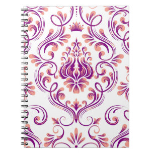 Caderno Espiral Peach e Damasco Roxo Padrão Floral Elegante