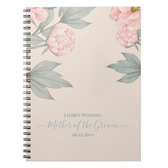 Caderno Espiral Peach Peonies Sage Orçamento Floral Casamento (Frente)
