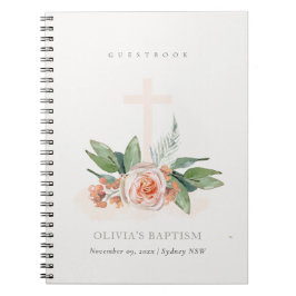 Caderno Espiral Peach Rosa Floral Cross Bunch Baptism Guestbook