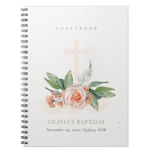 Caderno Espiral Peach Rosa Floral Cross Bunch Baptism Guestbook