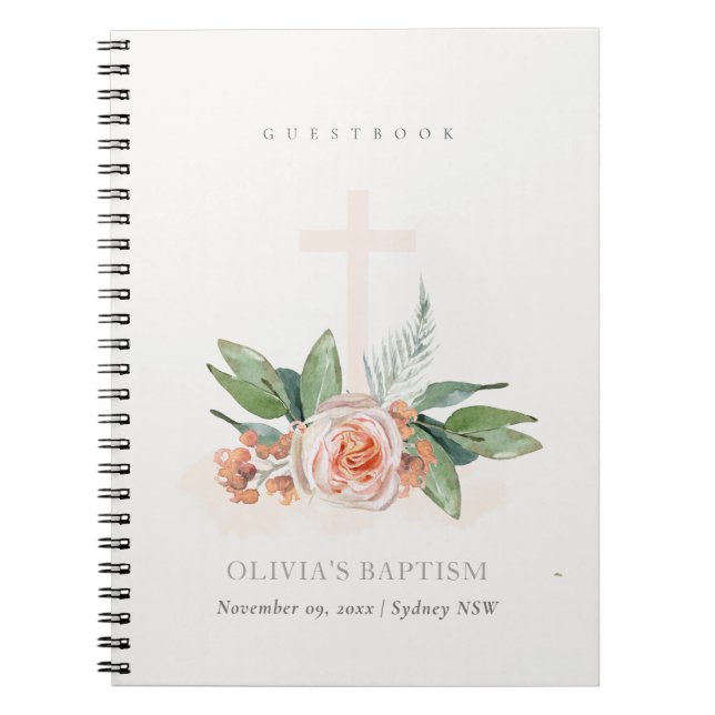 Caderno Espiral Peach Rosa Floral Cross Bunch Baptism Guestbook (Frente)