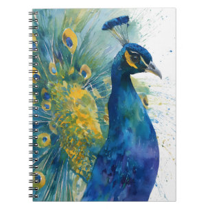 Caderno Espiral Peacock Dourado Arte de Cor-de-Água Azul Vibrante