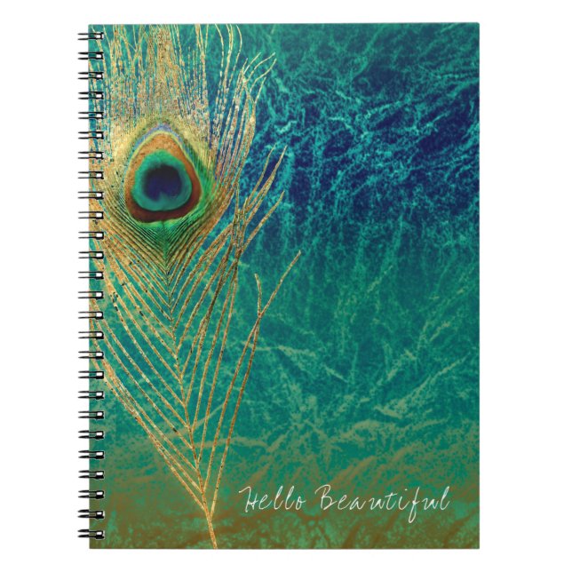 Caderno Espiral Peacock Feather Blue Teal Dourado Glam Boho Chic (Frente)
