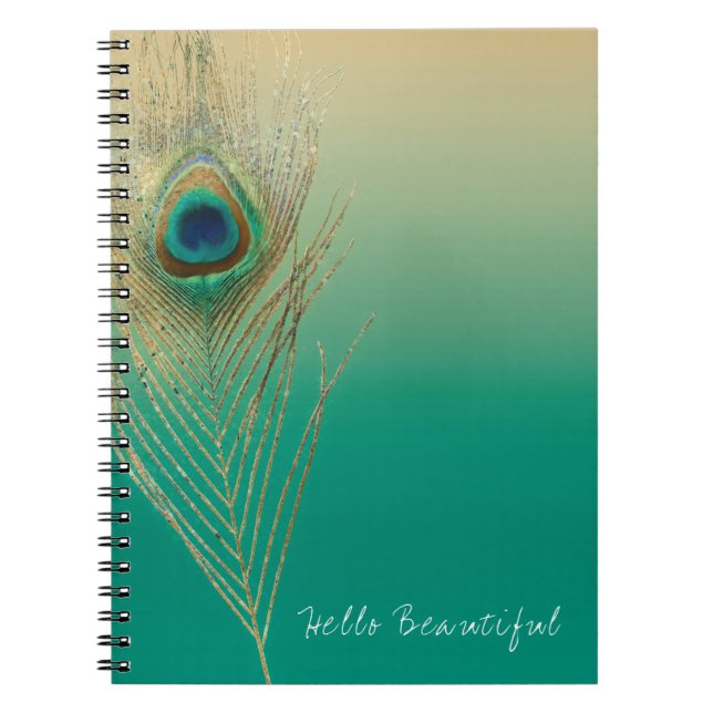 Caderno Espiral Peacock Feather Sand e Teal Boho Glam Elegante (Frente)