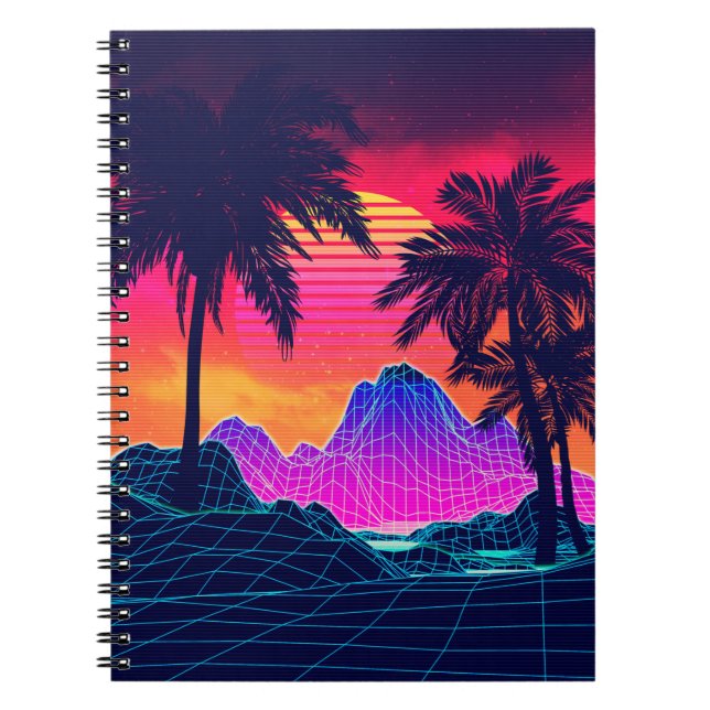 Caderno Espiral Pedras e palmeiras de vaporwave (Frente)