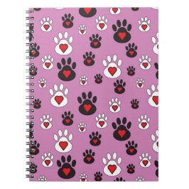 Caderno Espiral Pegadas com corações vermelhos em rosa