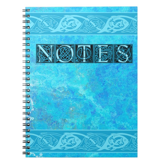 Caderno Espiral Peixes de Knotwork Celta em Azul (Frente)