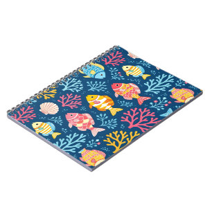 Caderno Espiral Peixes e coral azul náutico
