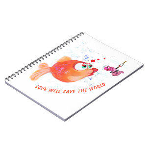 Caderno Espiral Peixes Engraçados e Vermes Adoram Desenho Românt
