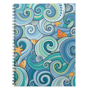 Caderno Espiral Peixes entre o teste padrão de ondas