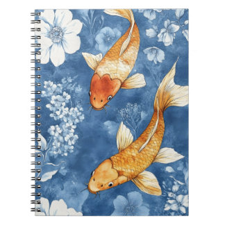 Caderno Espiral peixes koi e o azul índigo profundo das flores