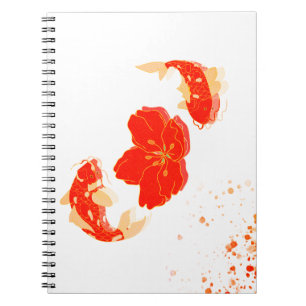 Caderno Espiral Peixes Koi Elegantes e Arte de Flor Vermelha Est