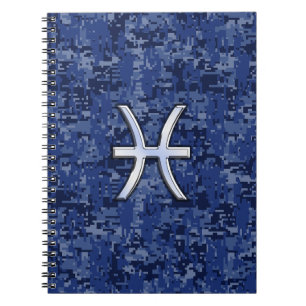 Caderno Espiral Peixes modernos Símbolo Zodiac Marinho Azul Camo 