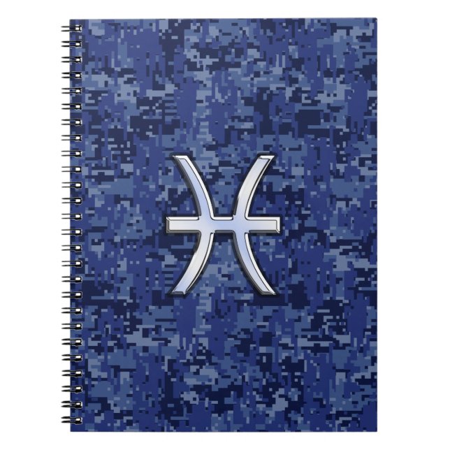 Caderno Espiral Peixes modernos Símbolo Zodiac Marinho Azul Camo D (Frente)