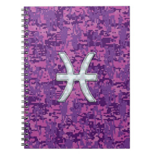 Caderno Espiral Peixes Sinal de Zodíaco na Camo Digital Fuchsia
