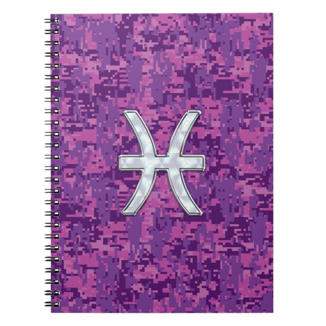 Caderno Espiral Peixes Sinal de Zodíaco na Camo Digital Fuchsia (Frente)