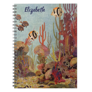 Caderno Espiral Peixes Vintage no oceano, peixes corais tropicais