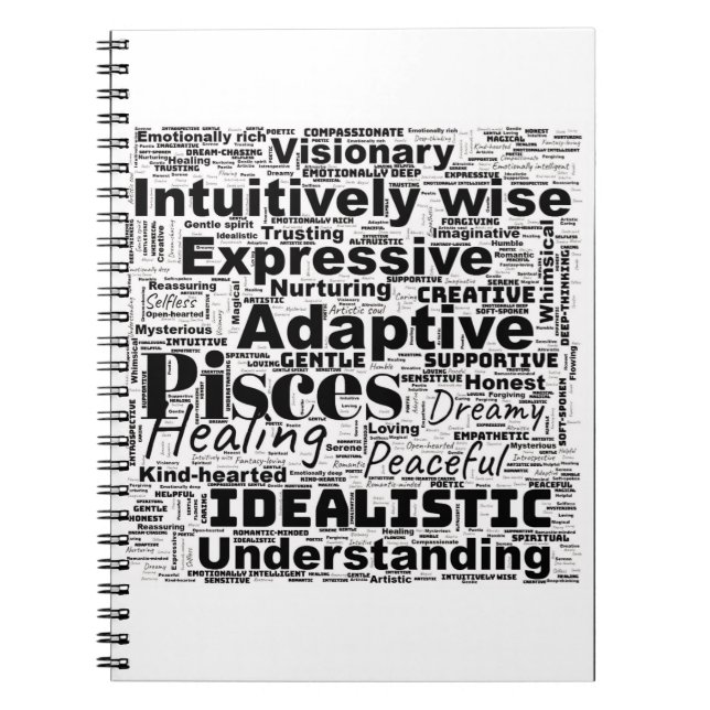 Caderno Espiral Peixes Word Cloud Zodiac Inspiração (Frente)