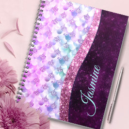 Caderno Espiral Pele de sereia rosa brilho falso monograma pratead