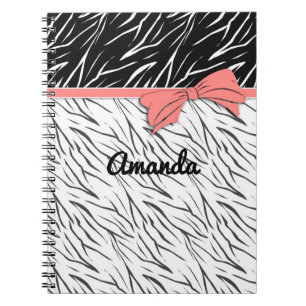 Caderno Espiral Pele de zebra estrias de couro branco preto, de ti