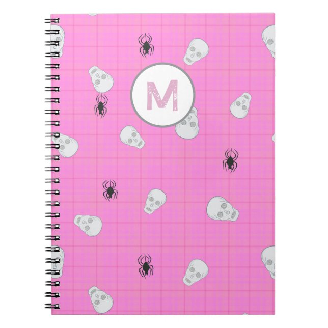 Caderno Espiral Peles de Halloween de Xadrez Rosa Coquette Persona (Frente)