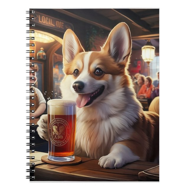Caderno Espiral Pembroke Corgi Bebendo uma Cerveja no Pub (Frente)