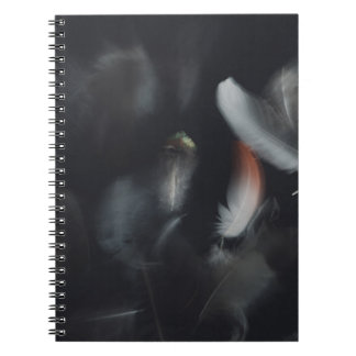 CADERNO ESPIRAL PENA BRANCA E NEGRA NO FUNDO PRETO