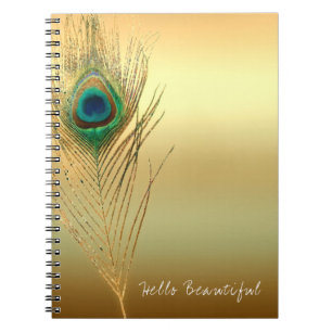 Caderno Espiral Pena de Pavão Dourada Exótica Boho Chic Glam Perso