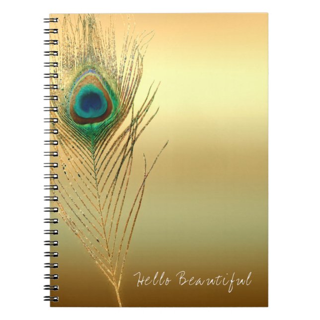 Caderno Espiral Pena de Pavão Dourada Exótica Boho Chic Glam Perso (Frente)
