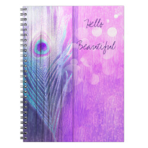 Caderno Espiral Pena de Pavão Rosa e Azul Boho Chic Glam Personali