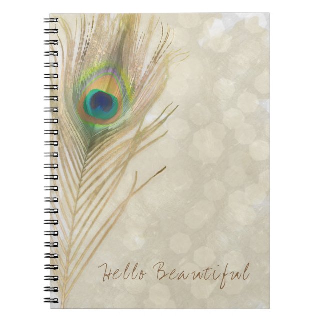 Caderno Espiral Pena Exótica de Pavão Dourada Glam Elegante Chic (Frente)