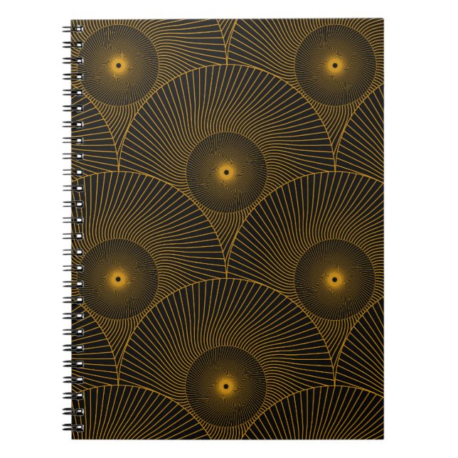 Caderno Espiral Penas asiáticas: sem costura dourada-negra. (Frente)