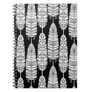 Caderno Espiral Penas boho: padrão preto e branco